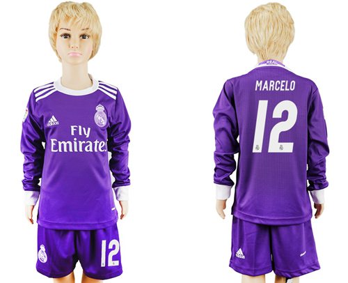 Real Madrid #12 Marcelo Away Long Sleeves Kid Soccer Club Jersey