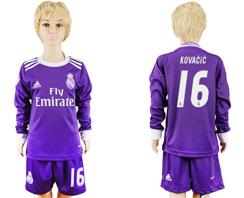 Real Madrid #16 Kovacic Away Long Sleeves Kid Soccer Club Jersey