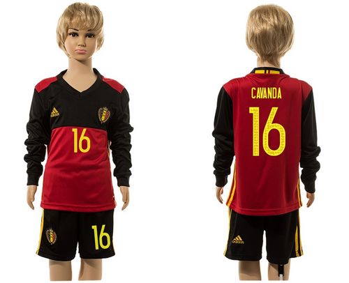 Belgium #16 Cavanda Red Home Long Sleeves Kid Soccer Country Jersey