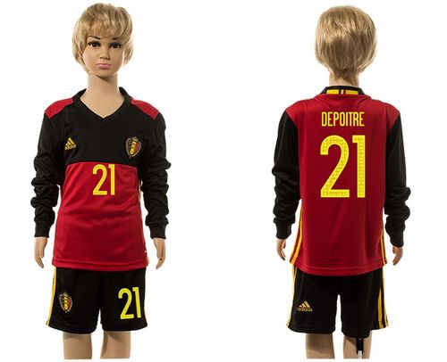 Belgium #21 Depoitre Red Home Long Sleeves Kid Soccer Country Jersey