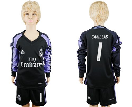 Real Madrid #1 Casillas Sec Away Long Sleeves Kid Soccer Club Jersey