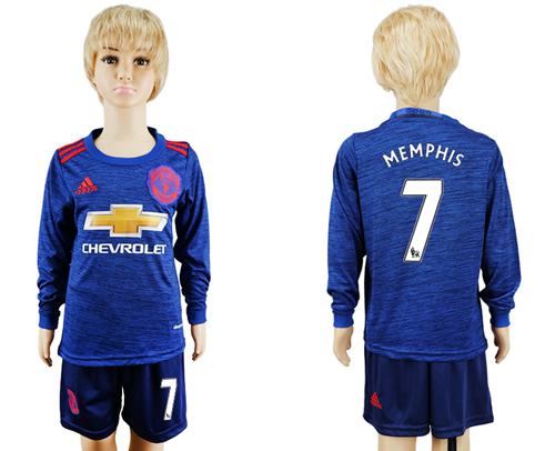 Manchester United #11 Memphis Away Long Sleeves Kid Soccer Club Jersey