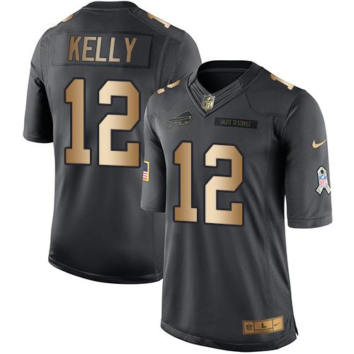 Nike Bills #12 Jim Kelly Black Youth Stitched NFL Limited Gold Salute to Service Jersey