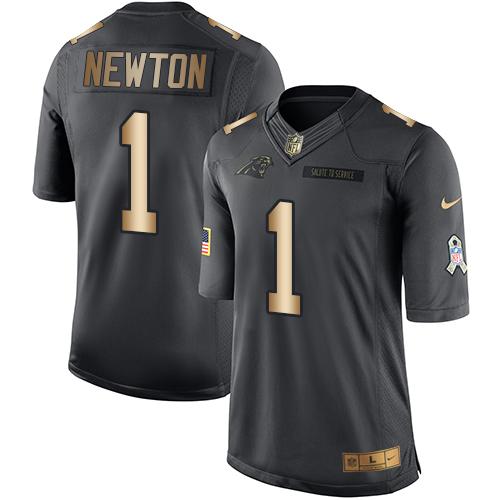 Nike Panthers #1 Cam Newton Black Youth Stitched NFL Limited Gold Salute to Service Jersey