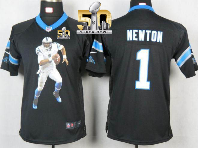 Nike Panthers #1 Cam Newton Black Team Color Super Bowl 50 Youth Portrait Fashion NFL Game Jersey