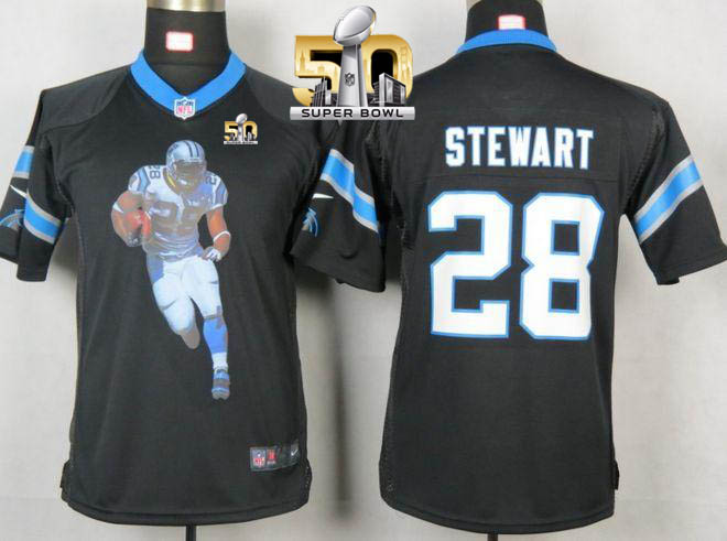 Nike Panthers #28 Jonathan Stewart Black Team Color Super Bowl 50 Youth Portrait Fashion NFL Game Jersey