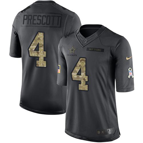 Nike Cowboys #4 Dak Prescott Black Youth Stitched NFL Limited 2016 Salute to Service Jersey