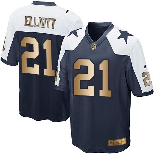 Nike Cowboys #21 Ezekiel Elliott Navy Blue Thanksgiving Throwback Youth Stitched NFL Elite Gold Jersey