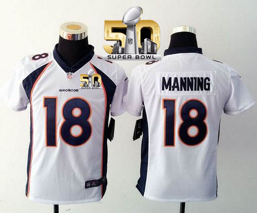 Nike Broncos #18 Peyton Manning White Super Bowl 50 Youth Stitched NFL Elite Jersey