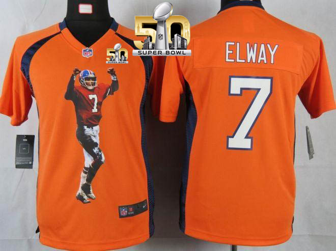 Nike Broncos #7 John Elway Orange Team Color Super Bowl 50 Youth Portrait Fashion NFL Game Jersey