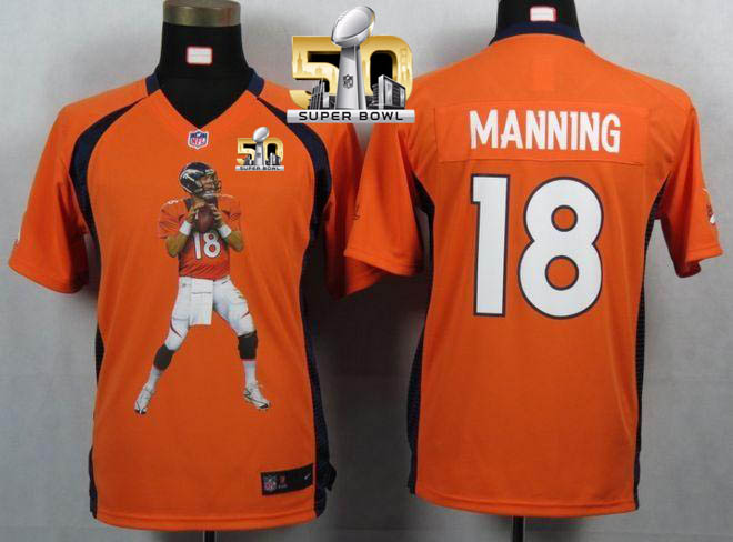Nike Broncos #18 Peyton Manning Orange Team Color Super Bowl 50 Youth Portrait Fashion NFL Game Jersey