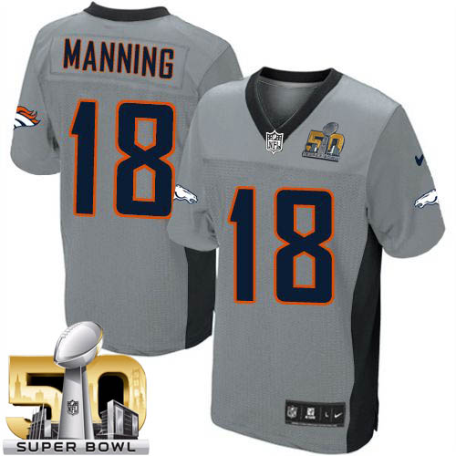 Nike Broncos #18 Peyton Manning Grey Shadow Super Bowl 50 Youth Stitched NFL Elite Jersey