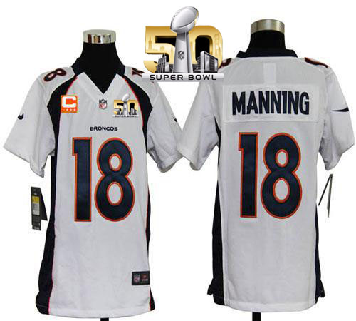 Nike Broncos #18 Peyton Manning White With C Patch Super Bowl 50 Youth Stitched NFL Elite Jersey