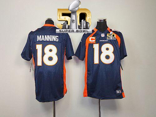 Nike Broncos #18 Peyton Manning Blue Alternate With C Patch Super Bowl 50 Youth Stitched NFL Elite Jersey