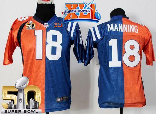 Nike Colts #18 Peyton Manning Orange/Blue Super Bowl XLI & Super Bowl 50 Youth Stitched NFL Elite Split Broncos Jersey