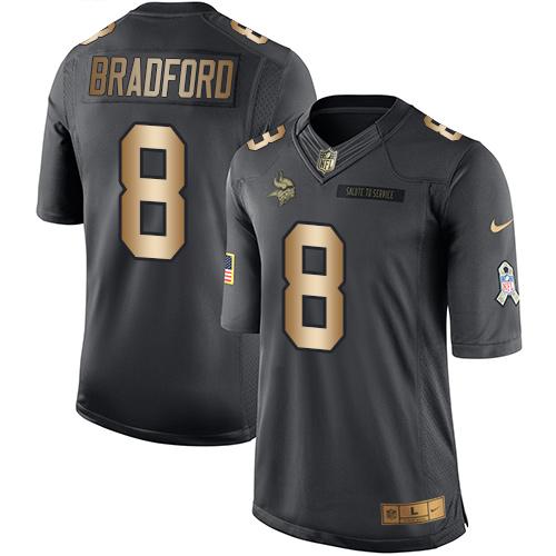 Nike Vikings #8 Sam Bradford Black Youth Stitched NFL Limited Gold Salute to Service Jersey