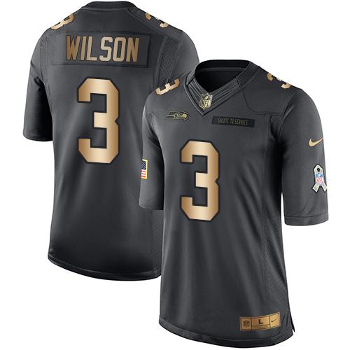 Nike Seahawks #3 Russell Wilson Black Youth Stitched NFL Limited Gold Salute to Service Jersey