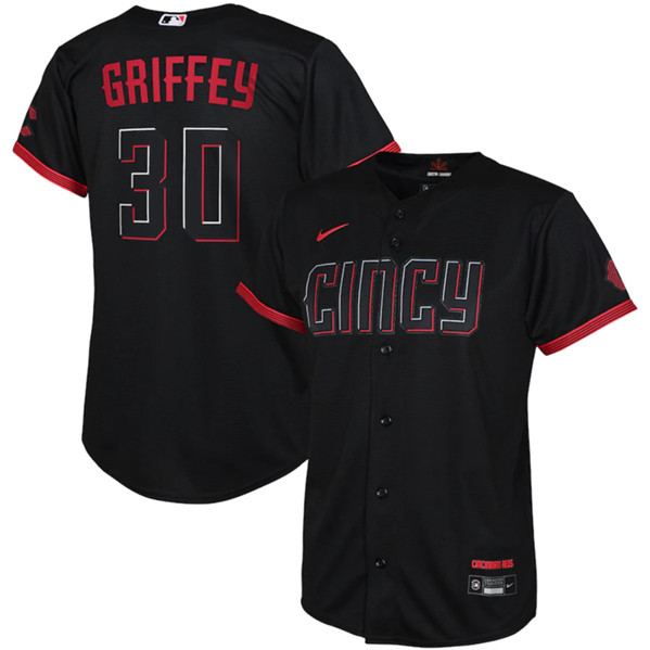 Youth Cincinnati Reds #30 Ken Griffey Jr. Black 2023 City Connect Stitched Baseball Jersey