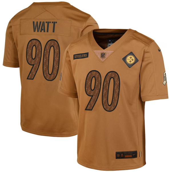 Youth Pittsburgh Steelers #90 T.J. Watt 2023 Brown Salute To Service Limited Football Stitched Jersey