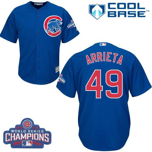 Cubs #49 Jake Arrieta Blue Alternate 2016 World Series Champions Stitched Youth MLB Jersey