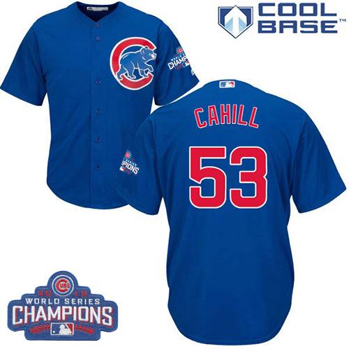 Cubs #53 Trevor Cahill Blue Alternate 2016 World Series Champions Stitched Youth MLB Jersey