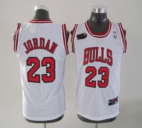 Bulls #23 Michael Jordan White Champion Patch Stitched Youth NBA Jersey
