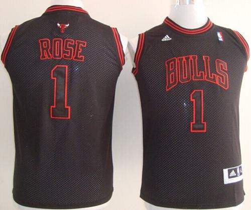 Bulls #1 Derrick Rose Black With Red No. Stitched Youth NBA Jersey