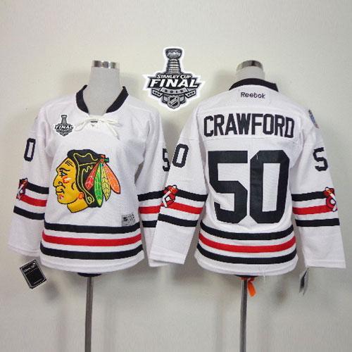 Blackhawks #50 Corey Crawford White 2015 Winter Classic Stanley Cup Stitched Youth NHL Jersey