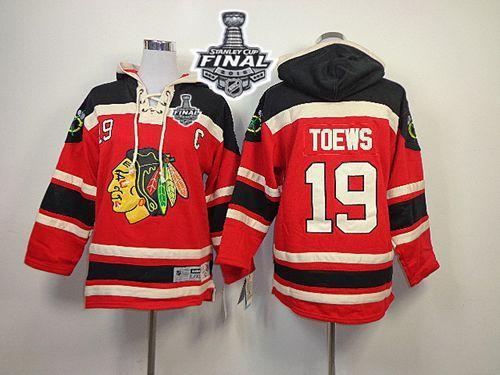 Blackhawks #19 Jonathan Toews Red Sawyer Hooded Sweatshirt 2015 Stanley Cup Stitched Youth NHL Jersey