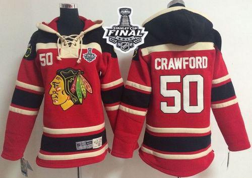Blackhawks #50 Corey Crawford Red Sawyer Hooded Sweatshirt 2015 Stanley Cup Stitched Youth NHL Jersey