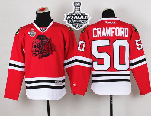 Blackhawks #50 Corey Crawford Red(Red Skull) 2015 Stanley Cup Stitched Youth NHL Jersey