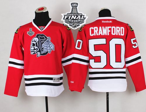 Blackhawks #50 Corey Crawford Red(White Skull) 2015 Stanley Cup Stitched Youth NHL Jersey