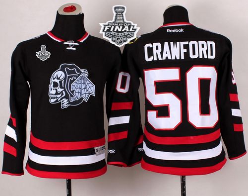 Blackhawks #50 Corey Crawford Black(White Skull) 2014 Stadium Series 2015 Stanley Cup Stitched Youth NHL Jersey