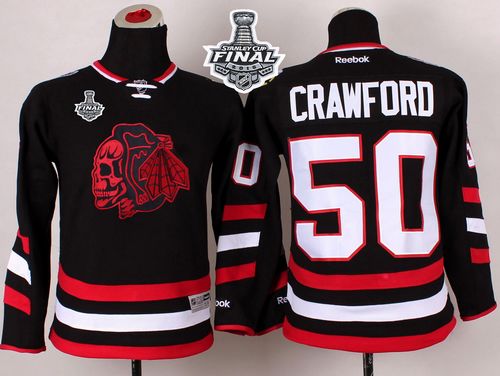 Blackhawks #50 Corey Crawford Black(Red Skull) 2014 Stadium Series 2015 Stanley Cup Stitched Youth NHL Jersey