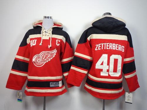 Red Wings #40 Henrik Zetterberg Red Sawyer Hooded Sweatshirt Stitched Youth NHL Jersey