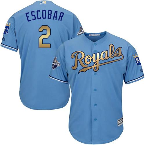 Royals #2 Alcides Escobar Light Blue 2015 World Series Champions Gold Program Cool Base Stitched Youth MLB Jersey