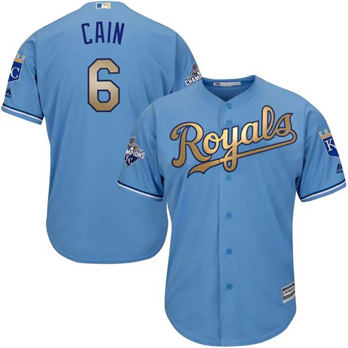 Royals #6 Lorenzo Cain Light Blue 2015 World Series Champions Gold Program Cool Base Stitched Youth MLB Jersey