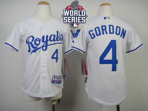 Royals #4 Alex Gordon White Cool Base W/2015 World Series Patch Stitched Youth MLB Jersey