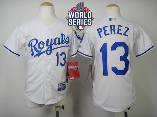 Royals #13 Salvador Perez White Cool Base W/2015 World Series Patch Stitched Youth MLB Jersey