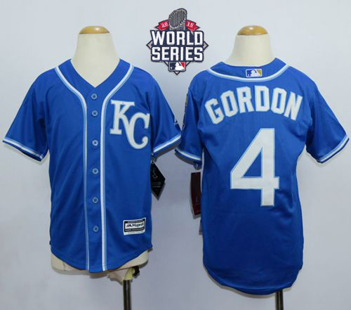 Royals #4 Alex Gordon Blue Cool Base W/2015 World Series Patch Stitched Youth MLB Jersey