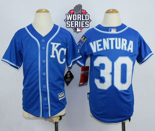 Royals #30 Yordano Ventura Blue Cool Base W/2015 World Series Patch Stitched Youth MLB Jersey