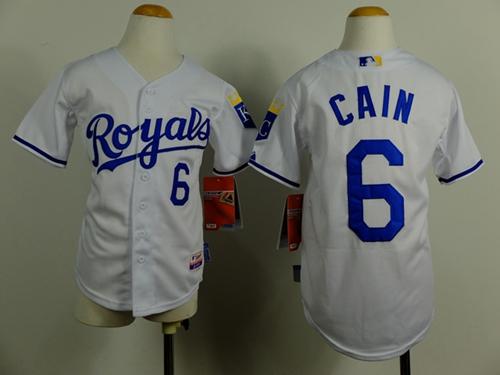 Royals #6 Lorenzo Cain White Cool Base Stitched Youth MLB Jersey