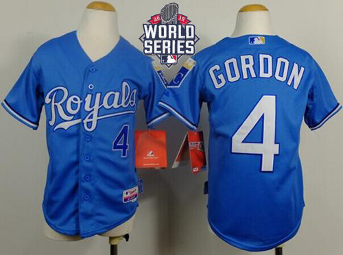 Royals #4 Alex Gordon Light Blue Cool Base Alternate 1 W/2015 World Series Patch Stitched Youth MLB Jersey