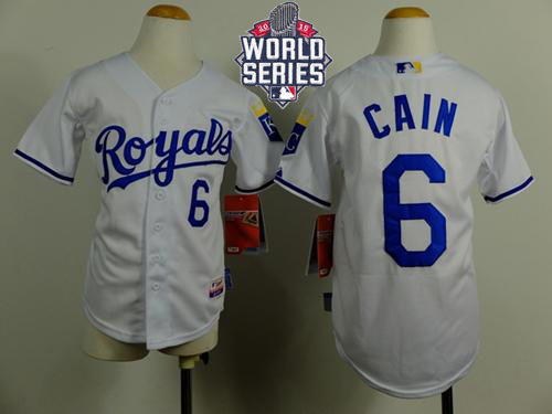 Royals #6 Lorenzo Cain White Cool Base W/2015 World Series Patch Stitched Youth MLB Jersey