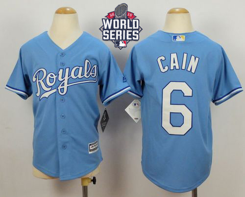 Royals #6 Lorenzo Cain Blue Cool Base Alternate 1 W/2015 World Series Patch Stitched Youth MLB Jersey