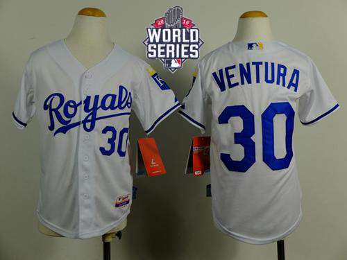 Royals #30 Yordano Ventura White Cool Base W/2015 World Series Patch Stitched Youth MLB Jersey