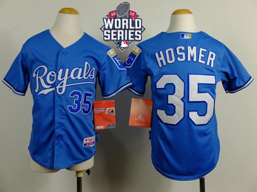Royals #35 Eric Hosmer Blue Cool Base Alternate 1 W/2015 World Series Patch Stitched Youth MLB Jersey