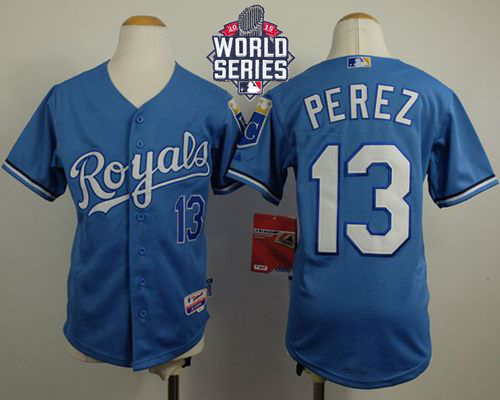 Royals #13 Salvador Perez Light Blue Cool Base Alternate 1 W/2015 World Series Patch Stitched Youth MLB Jersey