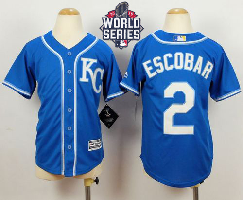 Royals #2 Alcides Escobar Blue Alternate 2 Cool Base W/2015 World Series Patch Stitched Youth MLB Jersey