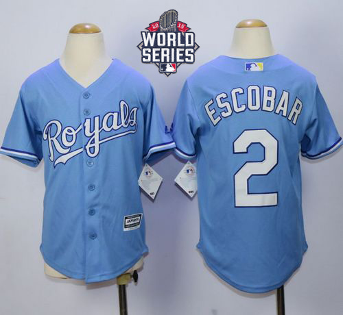 Royals #2 Alcides Escobar Light Blue Alternate 1 Cool Base W/2015 World Series Patch Stitched Youth MLB Jersey